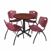 30 IN. ROUND X-BASE BREAKROOM TABLE- CHERRY, 4 M STACK CHAIRS- BURGUNDY <FONT COLOR=GREEN>-FREE SHIPPING-</FONT>