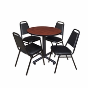 30 IN. ROUND X-BASE BREAKROOM TABLE- CHERRY, 4 RESTAURANT STACK CHAIRS- BLACK <FONT COLOR=GREEN>-FREE SHIPPING-</FONT>