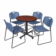 30 IN. ROUND X-BASE BREAKROOM TABLE- CHERRY, 4 STACK CHAIRS- BLUE <FONT COLOR=GREEN>-FREE SHIPPING-</FONT>