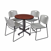 30 IN. ROUND X-BASE BREAKROOM TABLE- CHERRY, 4 STACK CHAIRS- GREY <FONT COLOR=GREEN>-FREE SHIPPING-</FONT>