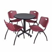 30 IN. ROUND X-BASE BREAKROOM TABLE- GREY, 4 M STACK CHAIRS- BURGUNDY <FONT COLOR=GREEN>-FREE SHIPPING-</FONT>