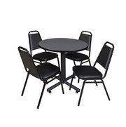 30 IN. ROUND X-BASE BREAKROOM TABLE- GREY, 4 RESTAURANT STACK CHAIRS- BLACK <FONT COLOR=GREEN>-FREE SHIPPING-</FONT>