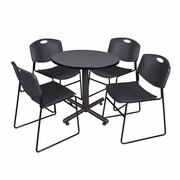 30 IN. ROUND X-BASE BREAKROOM TABLE- GREY, 4 STACK CHAIRS- BLACK <FONT COLOR=GREEN>-FREE SHIPPING-</FONT>