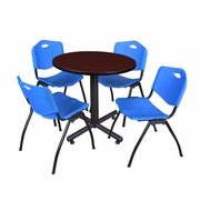 30 IN. ROUND X-BASE BREAKROOM TABLE- MAHOGANY, 4 M STACK CHAIRS- BLUE <FONT COLOR=GREEN>-FREE SHIPPING-</FONT>