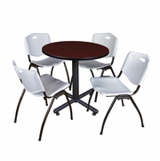 30 IN. ROUND X-BASE BREAKROOM TABLE- MAHOGANY, 4 M STACK CHAIRS- GREY <FONT COLOR=GREEN>-FREE SHIPPING-</FONT>