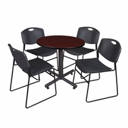 30 IN. ROUND X-BASE BREAKROOM TABLE- MAHOGANY, 4 STACK CHAIRS- BLACK <FONT COLOR=GREEN>-FREE SHIPPING-</FONT>