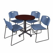 30 IN. ROUND X-BASE BREAKROOM TABLE- MAHOGANY, 4 STACK CHAIRS- BLUE <FONT COLOR=GREEN>-FREE SHIPPING-</FONT>