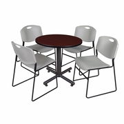 30 IN. ROUND X-BASE BREAKROOM TABLE- MAHOGANY, 4 STACK CHAIRS- GREY <FONT COLOR=GREEN>-FREE SHIPPING-</FONT>