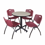 30 IN. ROUND X-BASE BREAKROOM TABLE- MAPLE, 4 M STACK CHAIRS- BURGUNDY <FONT COLOR=GREEN>-FREE SHIPPING-</FONT>