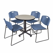 30 IN. ROUND X-BASE BREAKROOM TABLE- MAPLE, 4 STACK CHAIRS- BLUE <FONT COLOR=GREEN>-FREE SHIPPING-</FONT>