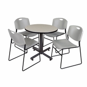 30 IN. ROUND X-BASE BREAKROOM TABLE- MAPLE, 4 STACK CHAIRS- GREY <FONT COLOR=GREEN>-FREE SHIPPING-</FONT>