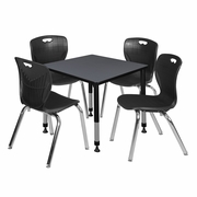 30 IN. SQUARE ADJUSTABLE CLASSROOM TABLE- GREY & 4 ANDY 18 IN. STACK CHAIRS- BLACK <FONT COLOR=GREEN>-FREE SHIPPING-</FONT>