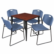 30 IN. SQUARE BREAKROOM TABLE- CHERRY TOP, BLACK BASE & 4 STACK CHAIRS- BLUE <FONT COLOR=GREEN>-FREE SHIPPING-</FONT>