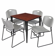 30 IN. SQUARE BREAKROOM TABLE- CHERRY TOP, BLACK BASE & 4 STACK CHAIRS- GREY <FONT COLOR=GREEN>-FREE SHIPPING-</FONT>