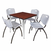 30 IN. SQUARE BREAKROOM TABLE- CHERRY TOP, CHROME BASE & 4 M STACK CHAIRS- GREY <FONT COLOR=GREEN>-FREE SHIPPING-</FONT>