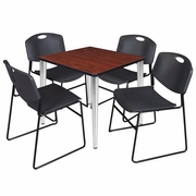 30 IN. SQUARE BREAKROOM TABLE- CHERRY TOP, CHROME BASE & 4 STACK CHAIRS- BLACK <FONT COLOR=GREEN>-FREE SHIPPING-</FONT>