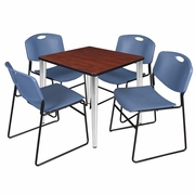 30 IN. SQUARE BREAKROOM TABLE- CHERRY TOP, CHROME BASE & 4 STACK CHAIRS- BLUE <FONT COLOR=GREEN>-FREE SHIPPING-</FONT>