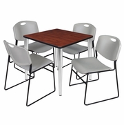 30 IN. SQUARE BREAKROOM TABLE- CHERRY TOP, CHROME BASE & 4 STACK CHAIRS- GREY <FONT COLOR=GREEN>-FREE SHIPPING-</FONT>