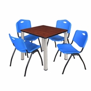 30 IN SQUARE BREAKROOM TABLE- CHERRY TOP, CHROME LEGS, 4 M STACK CHAIRS- BLUE <FONT COLOR=GREEN>-FREE SHIPPING-</FONT>