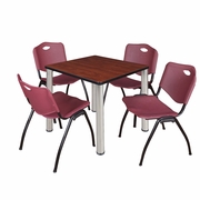 30 IN SQUARE BREAKROOM TABLE- CHERRY TOP, CHROME LEGS, 4 M STACK CHAIRS- BURGUNDY <FONT COLOR=GREEN>-FREE SHIPPING-</FONT>