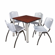 30 IN SQUARE BREAKROOM TABLE- CHERRY TOP, CHROME LEGS, 4 M STACK CHAIRS- GREY <FONT COLOR=GREEN>-FREE SHIPPING-</FONT>