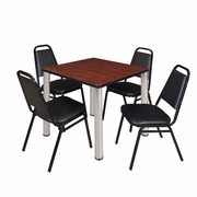30 IN SQUARE BREAKROOM TABLE- CHERRY TOP, CHROME LEGS, 4 RESTAURANT STACK CHAIRS <FONT COLOR=GREEN>-FREE SHIPPING-</FONT>