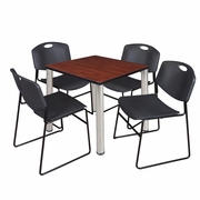30 IN SQUARE BREAKROOM TABLE- CHERRY TOP, CHROME LEGS, 4 STACK CHAIRS- BLACK <FONT COLOR=GREEN>-FREE SHIPPING-</FONT>