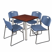 30 IN SQUARE BREAKROOM TABLE- CHERRY TOP, CHROME LEGS, 4 STACK CHAIRS- BLUE <FONT COLOR=GREEN>-FREE SHIPPING-</FONT>