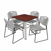 30 IN SQUARE BREAKROOM TABLE- CHERRY TOP, CHROME LEGS, 4 STACK CHAIRS- GREY <FONT COLOR=GREEN>-FREE SHIPPING-</FONT>