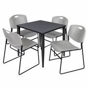30 IN. SQUARE BREAKROOM TABLE- GREY TOP, BLACK BASE & 4 STACK CHAIRS- GREY <FONT COLOR=GREEN>-FREE SHIPPING-</FONT>