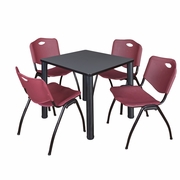30 IN SQUARE BREAKROOM TABLE- GREY TOP, BLACK LEGS, 4 M STACK CHAIRS- BURGUNDY <FONT COLOR=GREEN>-FREE SHIPPING-</FONT>