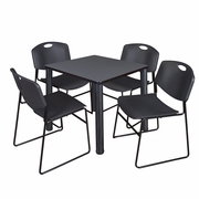 30 IN SQUARE BREAKROOM TABLE- GREY TOP, BLACK LEGS, 4 STACK CHAIRS- BLACK <FONT COLOR=GREEN>-FREE SHIPPING-</FONT>
