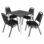 30 IN. SQUARE BREAKROOM TABLE- GREY TOP, CHROME BASE & 4 RESTAURANT STACK CHAIRS- BLACK <FONT COLOR=GREEN>-FREE SHIPPING-</FONT>