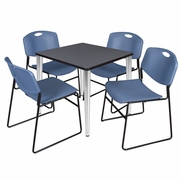 30 IN. SQUARE BREAKROOM TABLE- GREY TOP, CHROME BASE & 4 STACK CHAIRS- BLUE <FONT COLOR=GREEN>-FREE SHIPPING-</FONT>
