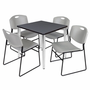 30 IN. SQUARE BREAKROOM TABLE- GREY TOP, CHROME BASE & 4 STACK CHAIRS- GREY <FONT COLOR=GREEN>-FREE SHIPPING-</FONT>
