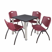 30 IN SQUARE BREAKROOM TABLE- GREY TOP, CHROME LEGS, 4 M STACK CHAIRS- BURGUNDY <FONT COLOR=GREEN>-FREE SHIPPING-</FONT>