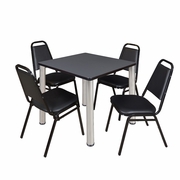 30 IN SQUARE BREAKROOM TABLE- GREY TOP, CHROME LEGS, 4 RESTAURANT STACK CHAIRS <FONT COLOR=GREEN>-FREE SHIPPING-</FONT>