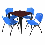 30 IN. SQUARE BREAKROOM TABLE- MAHOGANY TOP, BLACK BASE & 4 M STACK CHAIRS- BLUE <FONT COLOR=GREEN>-FREE SHIPPING-</FONT>