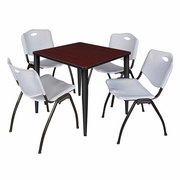 30 IN. SQUARE BREAKROOM TABLE- MAHOGANY TOP, BLACK BASE & 4 M STACK CHAIRS- GREY <FONT COLOR=GREEN>-FREE SHIPPING-</FONT>