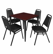 30 IN. SQUARE BREAKROOM TABLE- MAHOGANY TOP, BLACK BASE & 4 RESTAURANT STACK CHAIRS- BLACK <FONT COLOR=GREEN>-FREE SHIPPING-</FONT>