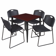 30 IN. SQUARE BREAKROOM TABLE- MAHOGANY TOP, BLACK BASE & 4 STACK CHAIRS- BLACK <FONT COLOR=GREEN>-FREE SHIPPING-</FONT>