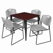 30 IN. SQUARE BREAKROOM TABLE- MAHOGANY TOP, BLACK BASE & 4 STACK CHAIRS- GREY <FONT COLOR=GREEN>-FREE SHIPPING-</FONT>