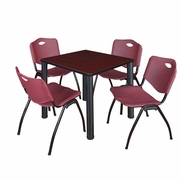 30 IN SQUARE BREAKROOM TABLE- MAHOGANY TOP, BLACK LEGS, 4 M STACK CHAIRS- BURGUNDY <FONT COLOR=GREEN>-FREE SHIPPING-</FONT>