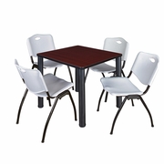 30 IN SQUARE BREAKROOM TABLE- MAHOGANY TOP, BLACK LEGS, 4 M STACK CHAIRS- GREY <FONT COLOR=GREEN>-FREE SHIPPING-</FONT>