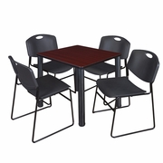 30 IN SQUARE BREAKROOM TABLE- MAHOGANY TOP, BLACK LEGS, 4 STACK CHAIRS- BLACK <FONT COLOR=GREEN>-FREE SHIPPING-</FONT>