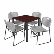 30 IN SQUARE BREAKROOM TABLE- MAHOGANY TOP, BLACK LEGS, 4 STACK CHAIRS- GREY <FONT COLOR=GREEN>-FREE SHIPPING-</FONT>