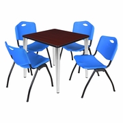 30 IN. SQUARE BREAKROOM TABLE- MAHOGANY TOP, CHROME BASE & 4 M STACK CHAIRS- BLUE <FONT COLOR=GREEN>-FREE SHIPPING-</FONT>