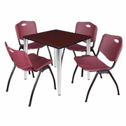30 IN. SQUARE BREAKROOM TABLE- MAHOGANY TOP, CHROME BASE & 4 M STACK CHAIRS- BURGUNDY <FONT COLOR=GREEN>-FREE SHIPPING-</FONT>