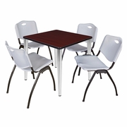 30 IN. SQUARE BREAKROOM TABLE- MAHOGANY TOP, CHROME BASE & 4 M STACK CHAIRS- GREY <FONT COLOR=GREEN>-FREE SHIPPING-</FONT>