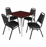 30 IN. SQUARE BREAKROOM TABLE- MAHOGANY TOP, CHROME BASE & 4 RESTAURANT STACK CHAIRS- BLACK <FONT COLOR=GREEN>-FREE SHIPPING-</FONT>